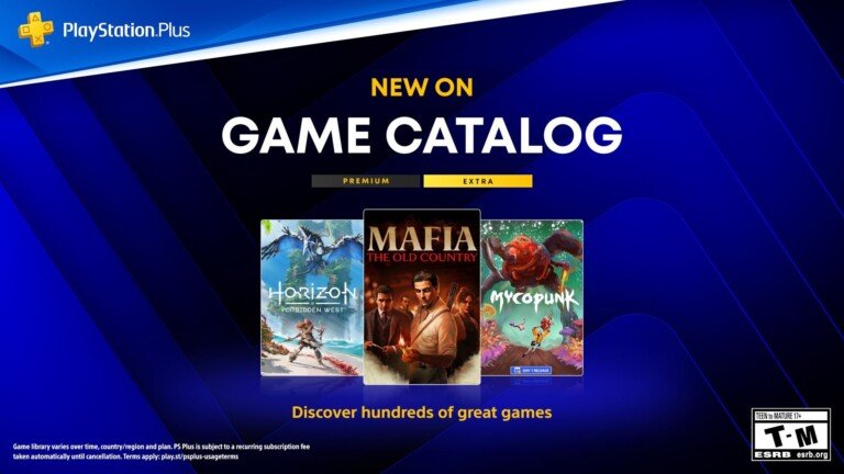 Grafica promozionale PlayStation Plus con le copertine di Horizon, Mafia e Mycopunk.
