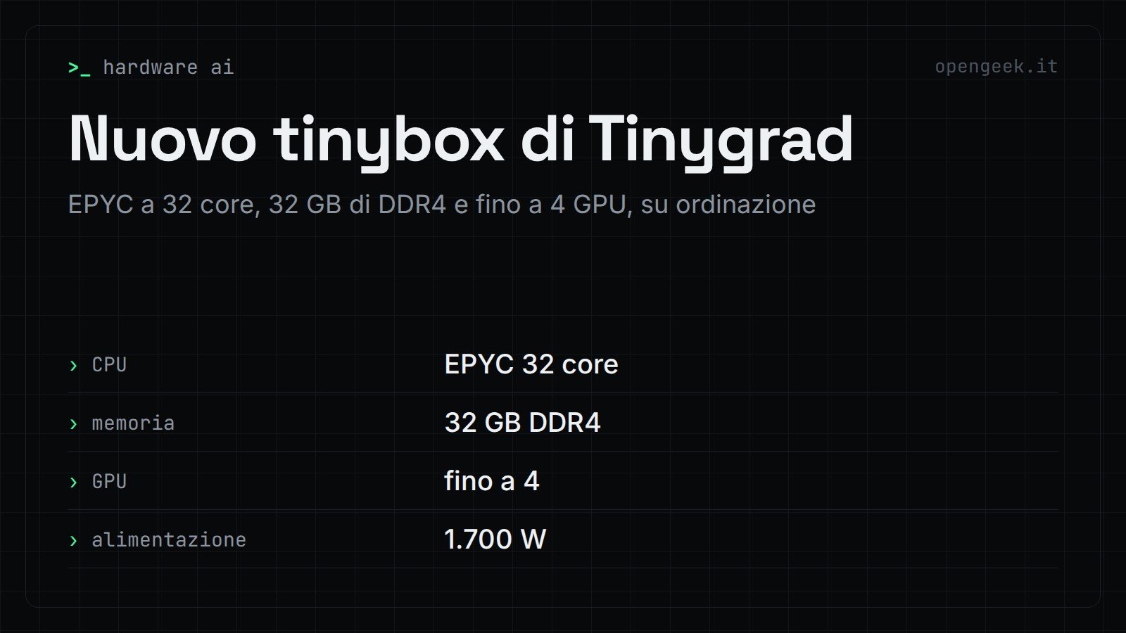Nuovo tinybox di Tinygrad: EPYC a 32 core, 32 GB di DDR4 e fino a 4 GPU, su ordinazione