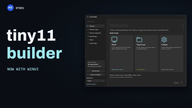 Schermata dell'interfaccia WinUI di Tiny11 Builder con testo titolato a sinistra.