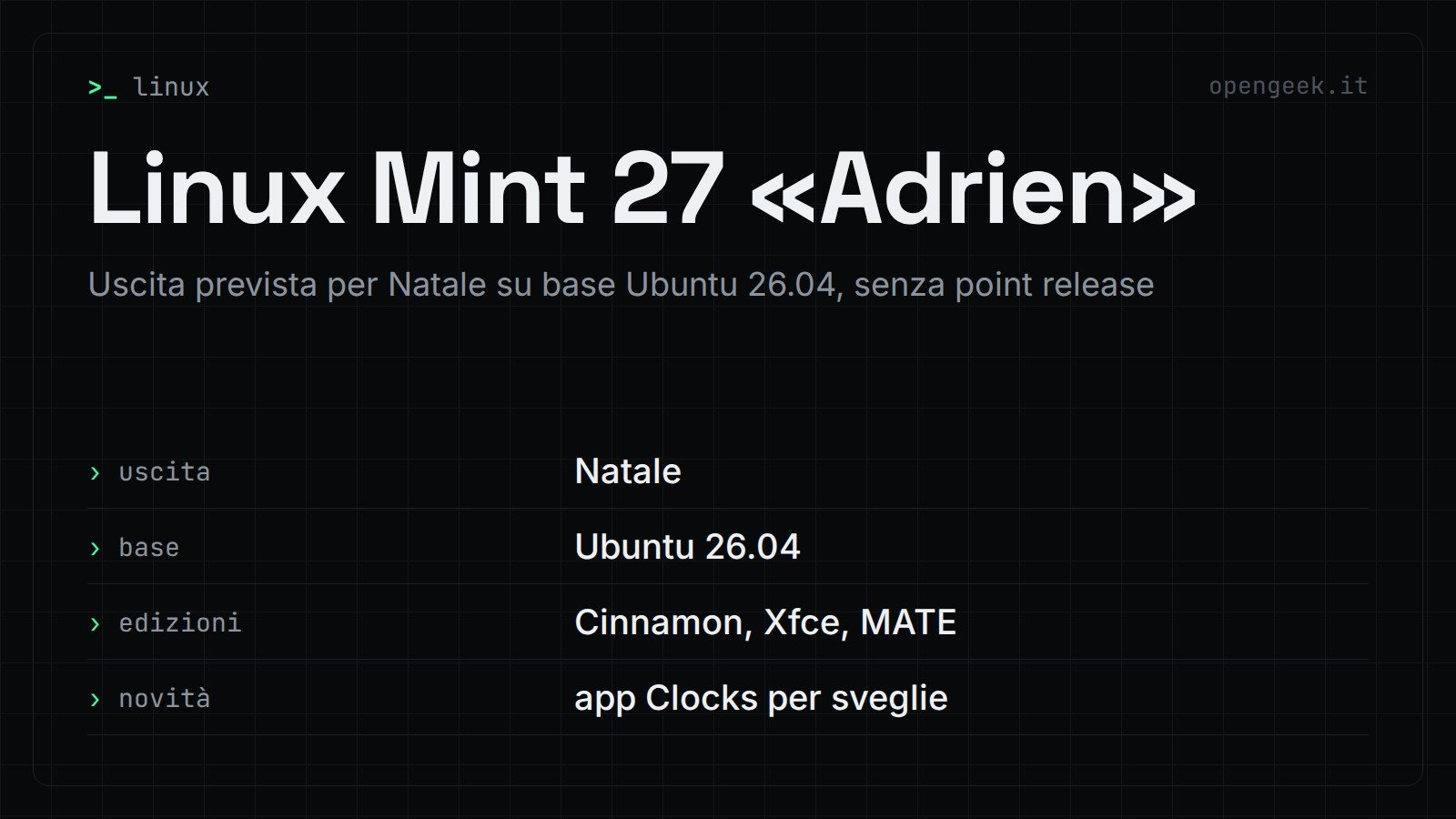 Linux Mint 27 «Adrien»: Uscita prevista per Natale su base Ubuntu 26.04, senza point release