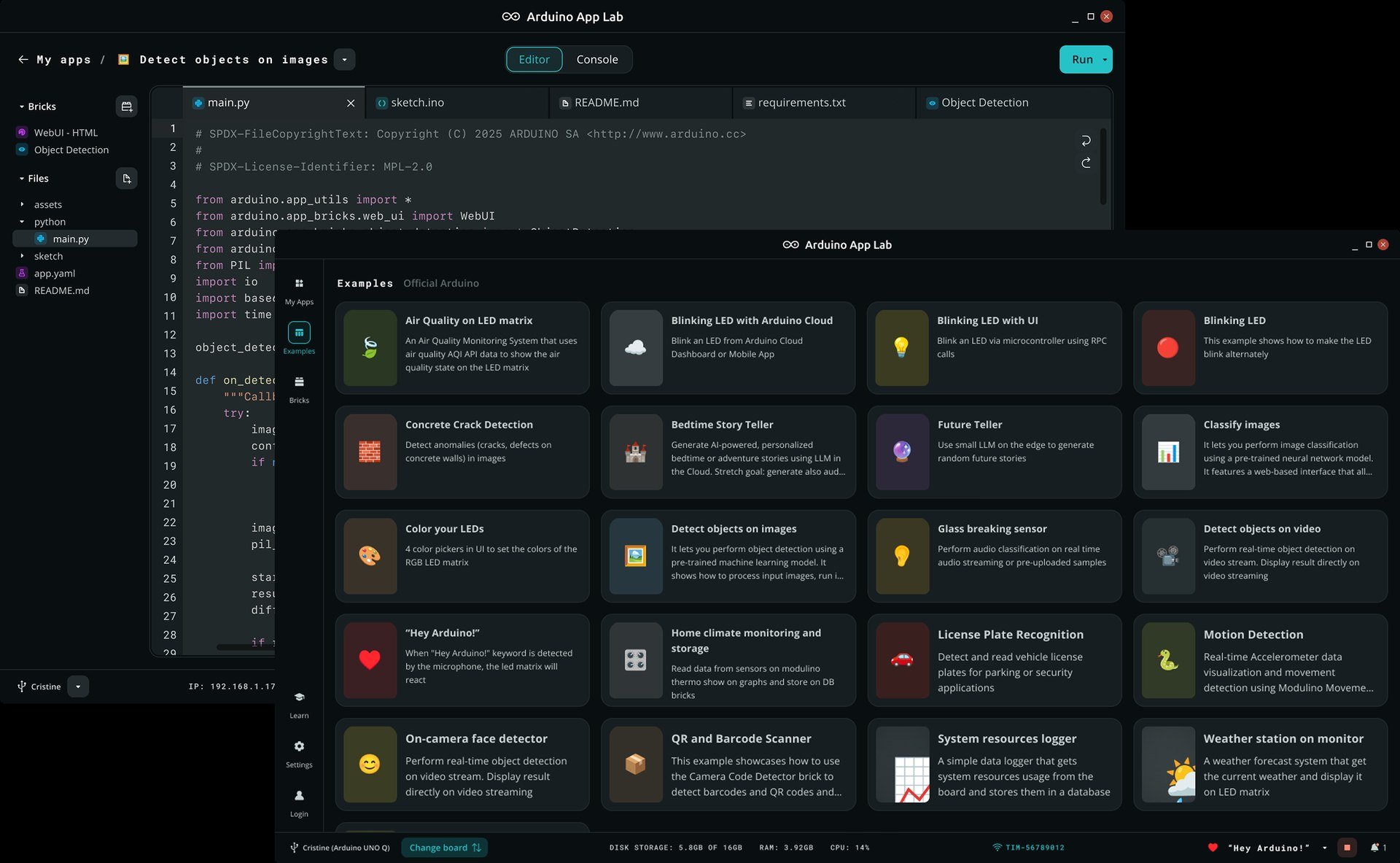 Schermata dell'interfaccia di Arduino App Lab con codice Python ed esempi di app.
