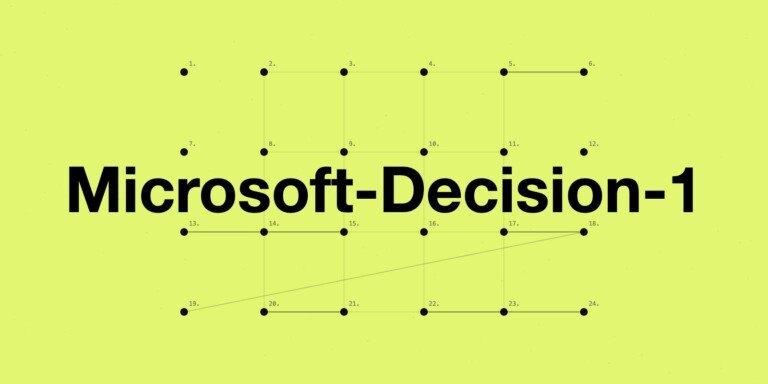 Banner grafico di Microsoft-Decision-1 con griglia di punti su sfondo verde acido.