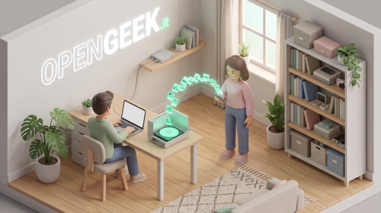 Illustrazione 3D di una donna che invia foto dal telefono a un server casalingo su una scrivania.