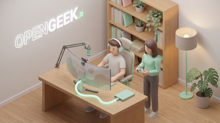 Illustrazione 3D di una postazione PC con microfono e webcam per streaming.