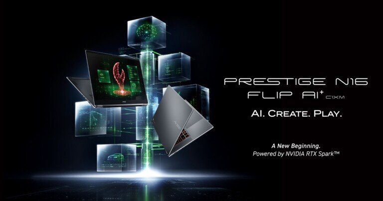 Grafica promozionale del laptop convertibile MSI Prestige N16 Flip AI+ in diverse angolazioni.