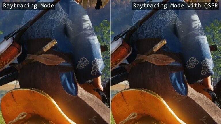 Confronto affiancato di Ghost of Yōtei in Raytracing Mode e Raytracing Mode con upscaling QSSR.