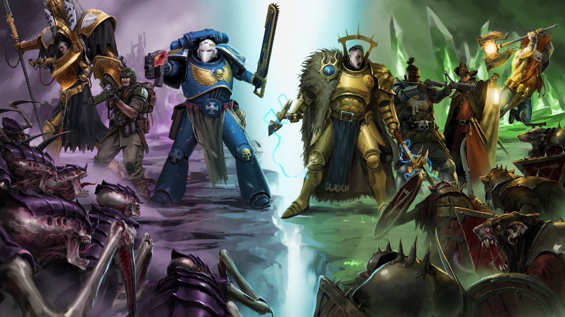 Illustrazione promozionale con eroi e creature di Warhammer pronti al combattimento.