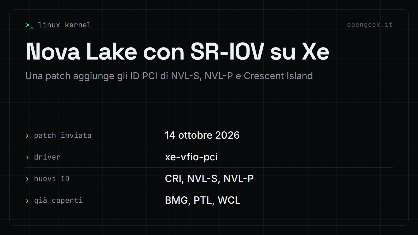 Nova Lake con SR-IOV su Xe: Una patch aggiunge gli ID PCI di NVL-S, NVL-P e Crescent Island