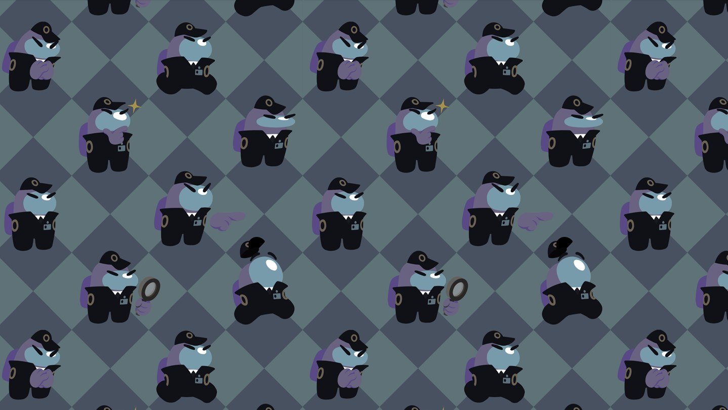 Pattern di personaggi di Among Us in divisa da guardia giurata su sfondo a scacchi.