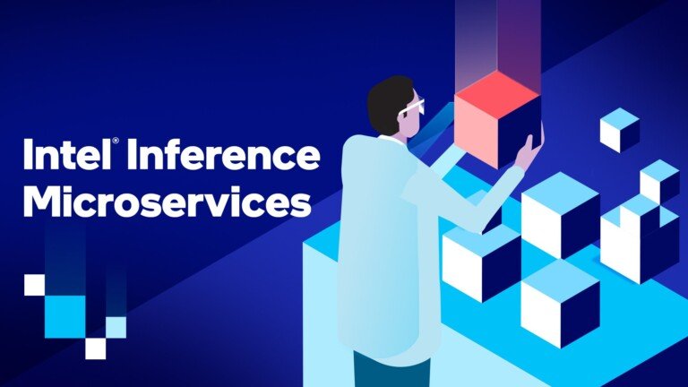 Grafica ufficiale Intel Inference Microservices con illustrazione a cubi e un ricercatore