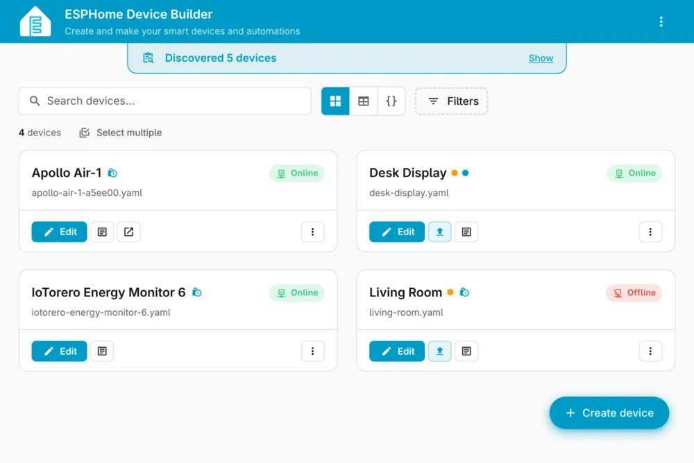 Schermata della dashboard di ESPHome Device Builder.