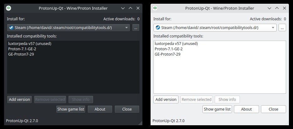 Schermata di ProtonUp-Qt in tema chiaro e scuro con l'elenco degli strumenti di compatibilità installati.