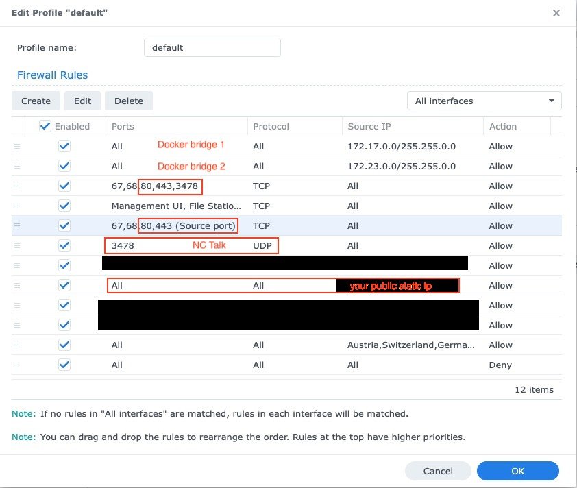 Schermata del firewall con le porte 80, 443 e 3478 evidenziate.