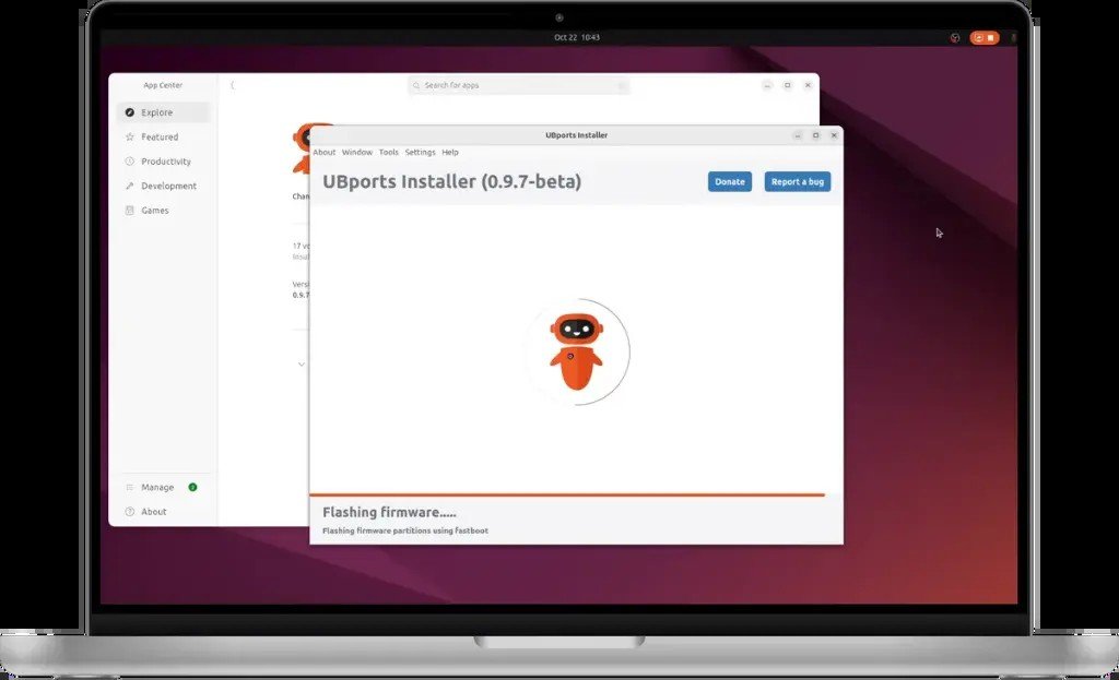 Finestra di UBports Installer che mostra l'avanzamento dell'installazione del firmware.