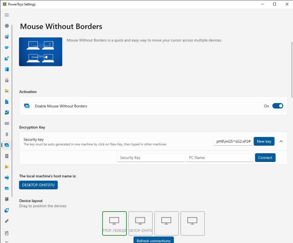 Schermata delle impostazioni di PowerToys con l'opzione per attivare Mouse Without Borders.