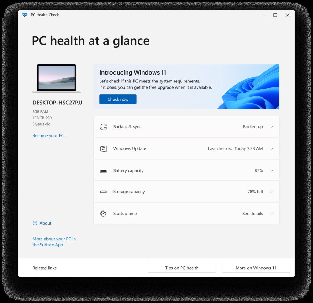 Finestra dell'applicazione PC Health Check con il pulsante per controllare i requisiti di sistema.