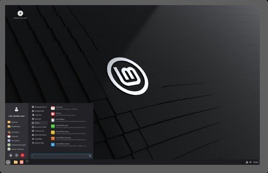Scrivania del sistema operativo Linux Mint con il menu applicazioni aperto.
