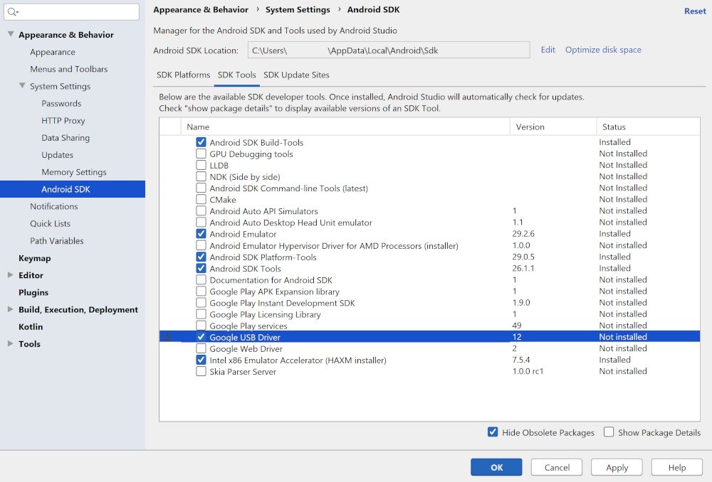 Schermata di Android SDK Manager con le opzioni SDK Platform-Tools e Google USB Driver.