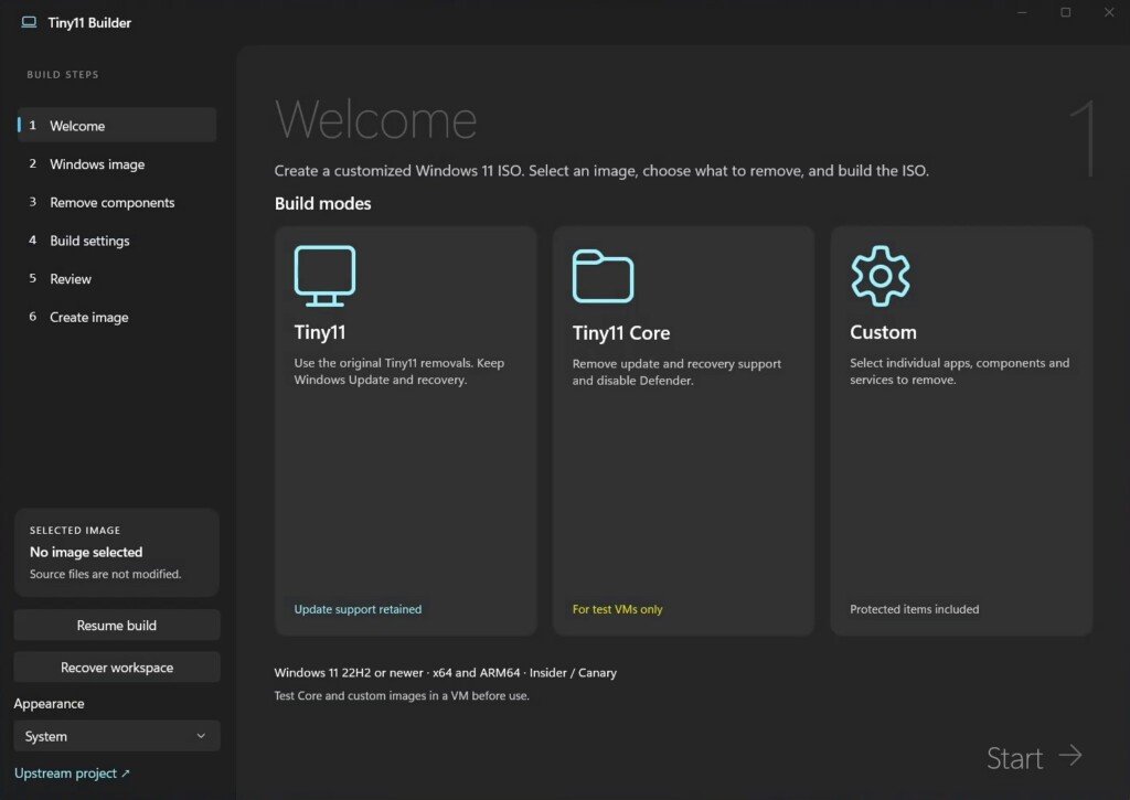 Interfaccia di benvenuto di Tiny11 Builder con le modalità Tiny11, Tiny11 Core e Custom.