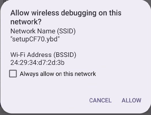 Finestra di dialogo su Android che richiede l'autorizzazione per il debug wireless con SSID.