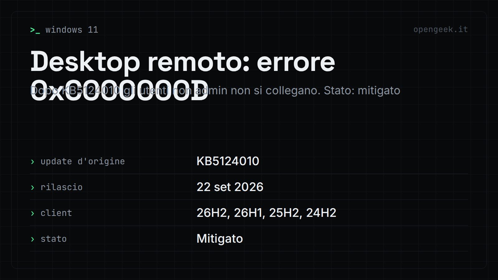 Desktop remoto: errore 0xC000000D: Dopo KB5124010 gli utenti non admin non si collegano. Stato: mitigato