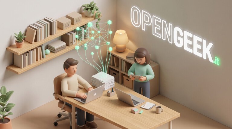 Illustrazione 3D di due persone al computer che generano un grafo luminoso da una pila di fogli.
