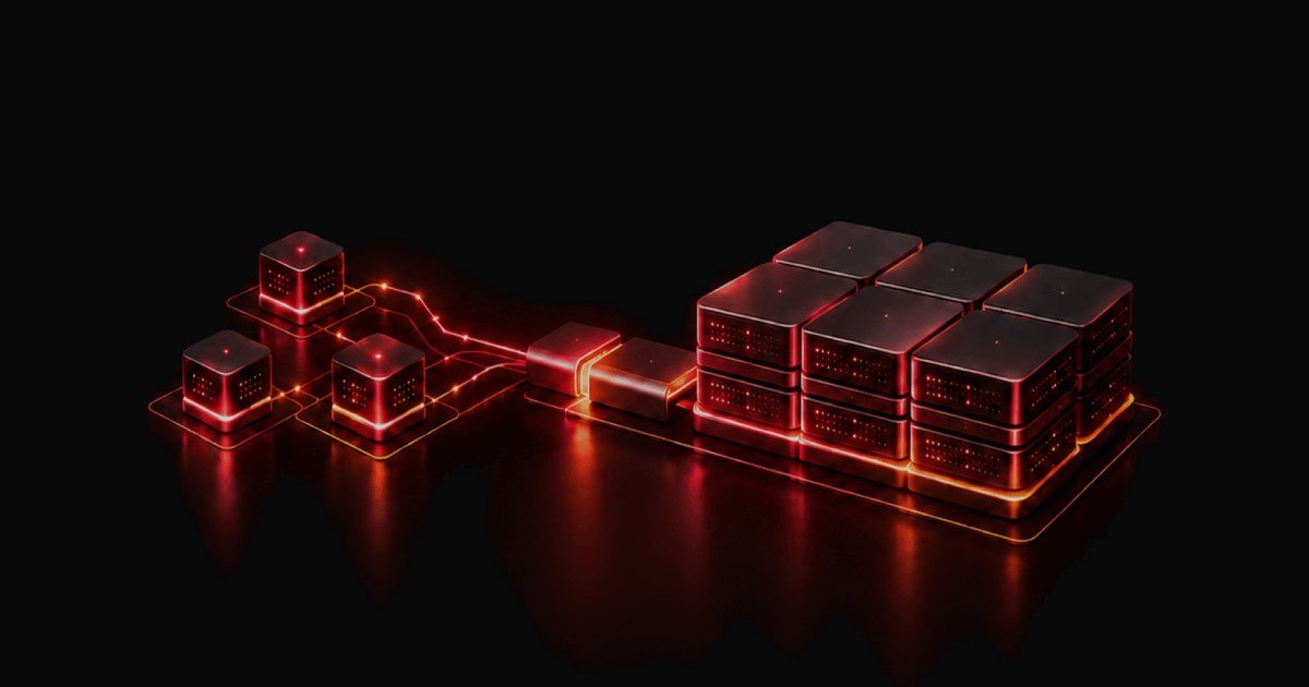 Grafica 3D con nodi e server rossi luminosi connessi tra loro su sfondo nero