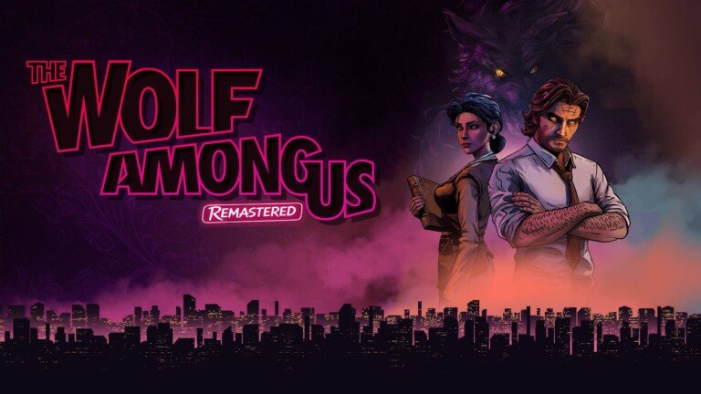 Logo di The Wolf Among Us Remastered con i protagonisti Bigby Wolf e Snow White e la città sullo sfondo.