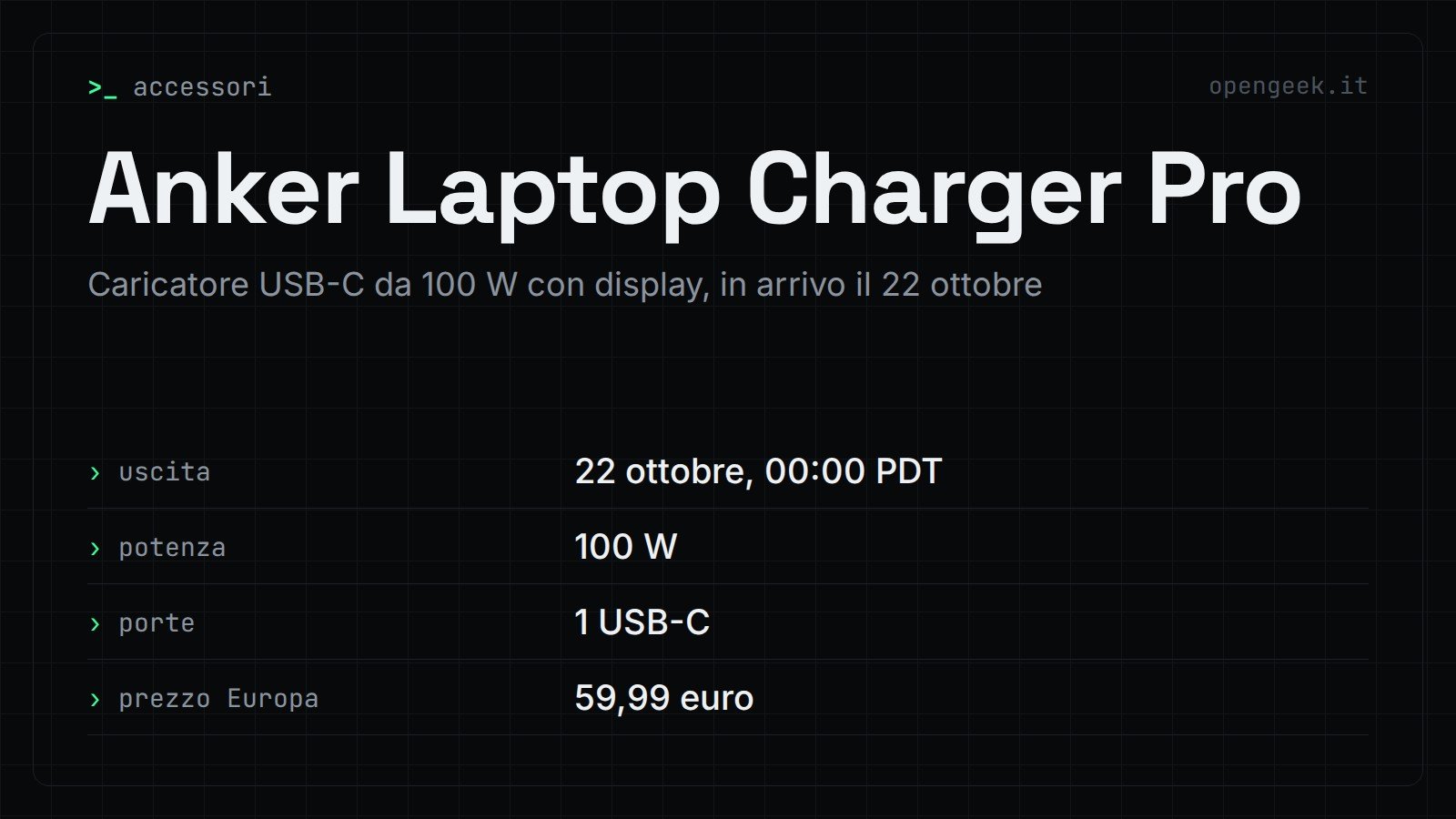 Anker Laptop Charger Pro: Caricatore USB-C da 100 W con display, in arrivo il 22 ottobre