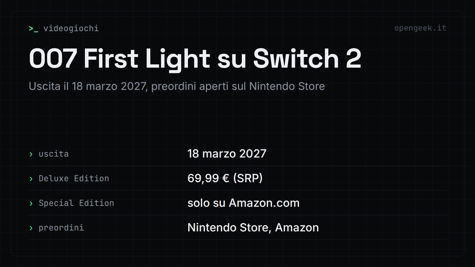 007 First Light su Switch 2: Uscita il 18 marzo 2027, preordini aperti sul Nintendo Store