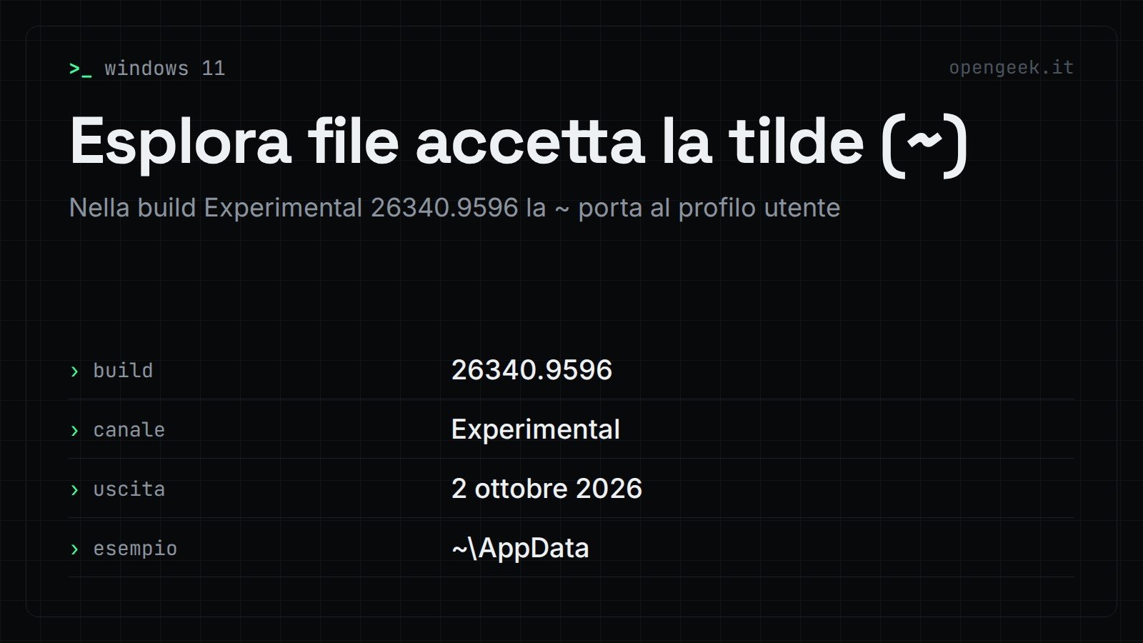 Esplora file accetta la tilde (~): Nella build Experimental 26340.9596 la ~ porta al profilo utente