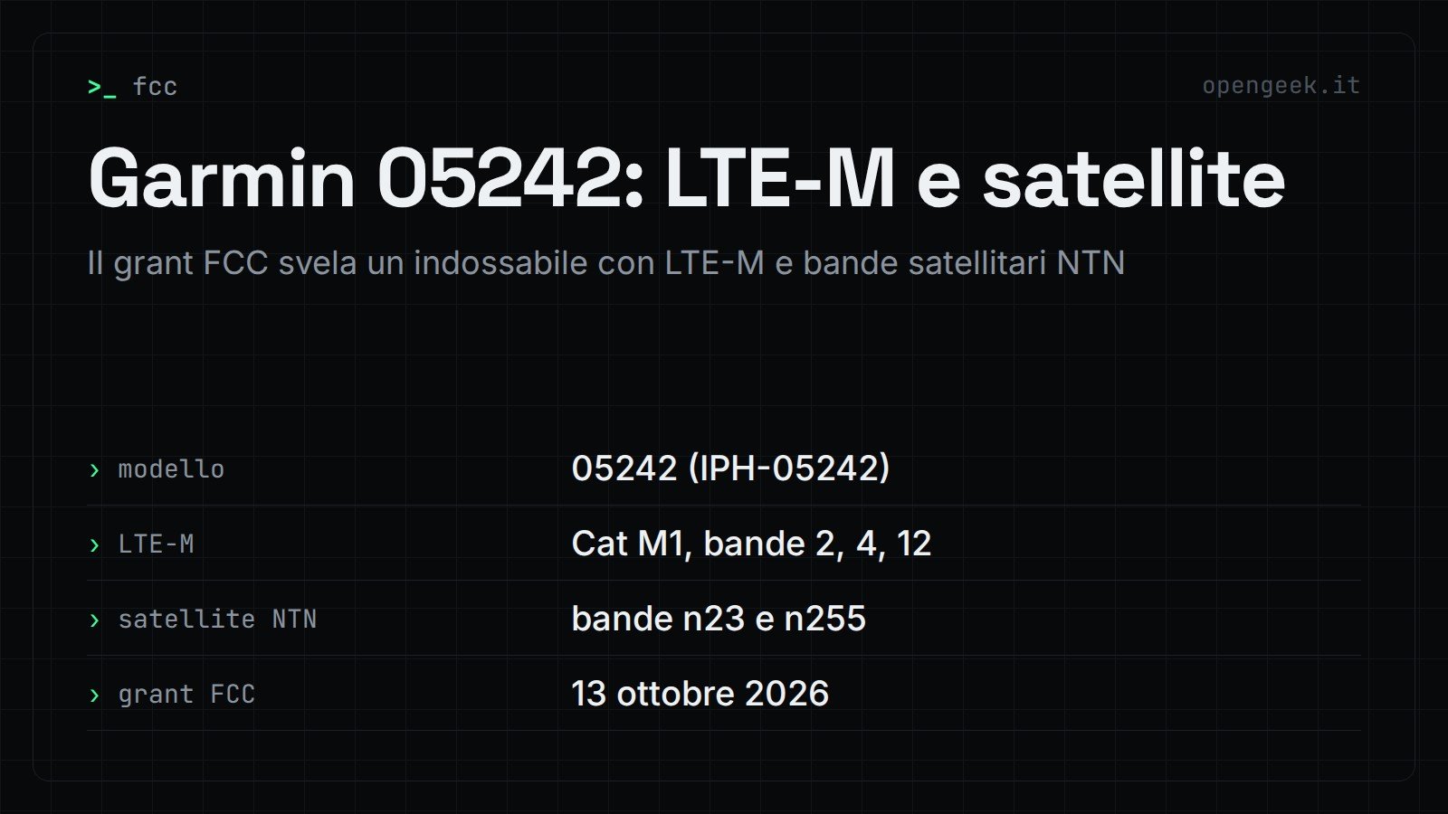 Garmin 05242: LTE-M e satellite: Il grant FCC svela un indossabile con LTE-M e bande satellitari NTN