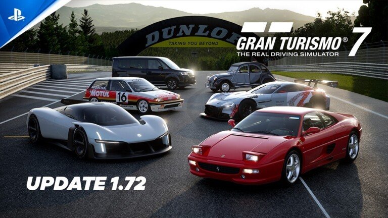 Grafica promozionale di Gran Turismo 7 con il logo del gioco e sei automobili sul circuito.