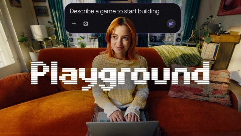 Donna con computer portatile sotto la scritta Playground e un prompt di testo per creare un videogioco.