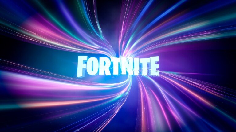 Logo tridimensionale di Fortnite al centro di uno sfondo con fasci di luce al neon.