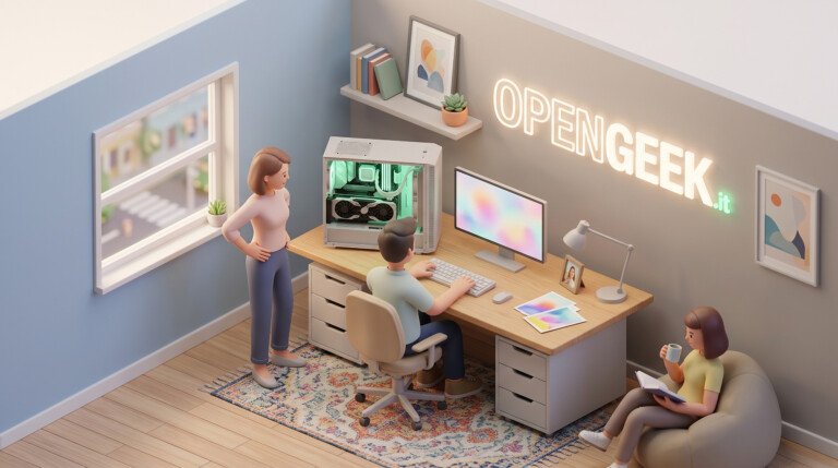 Illustrazione 3D di una persona al computer che genera immagini colorate all'interno di un ufficio.