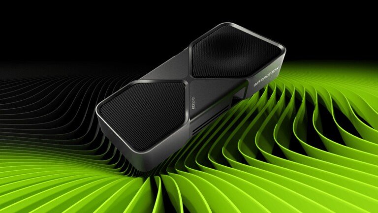 Primo piano della GPU Nvidia GeForce RTX 5070 Founders Edition con elementi verdi sullo sfondo.