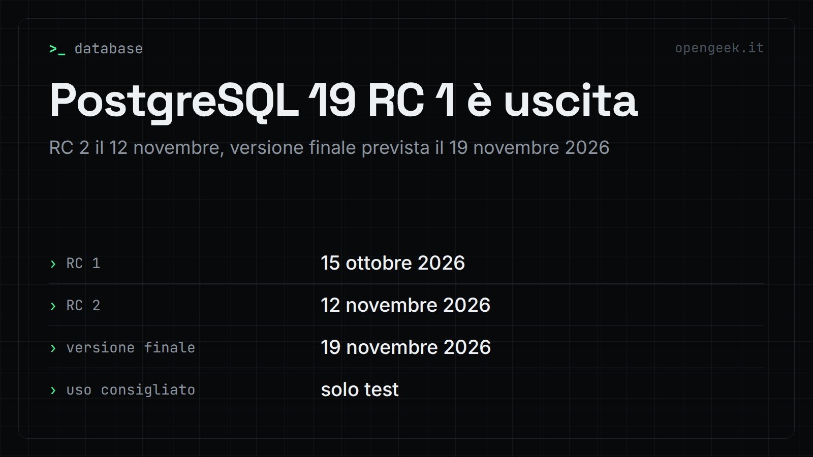 PostgreSQL 19 RC 1 è uscita: RC 2 il 12 novembre, versione finale prevista il 19 novembre 2026