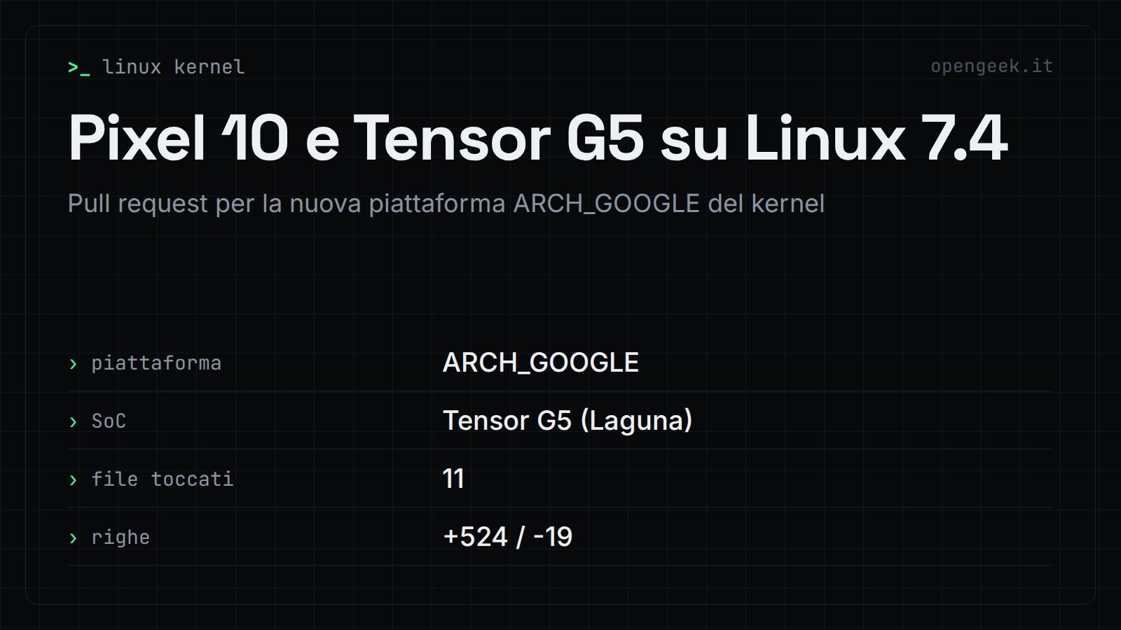 Pixel 10 e Tensor G5 su Linux 7.4: Pull request per la nuova piattaforma ARCH_GOOGLE del kernel