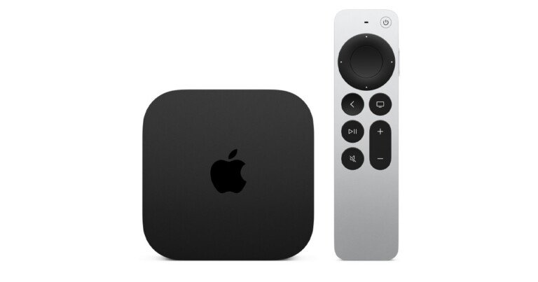 Decoder Apple TV nero e telecomando Siri Remote su sfondo bianco