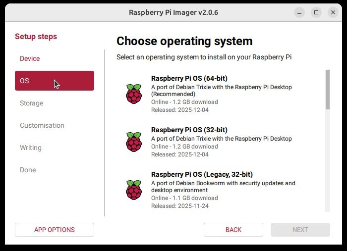 Finestra di Raspberry Pi Imager con il menu per la selezione del sistema operativo.