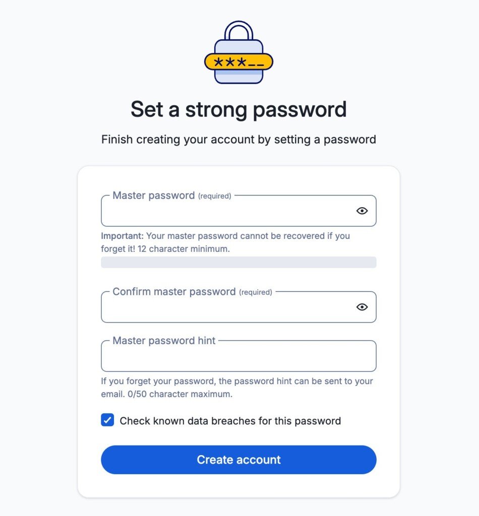 Schermata di configurazione dell'account Bitwarden con campi per la master password e pulsante Create account.