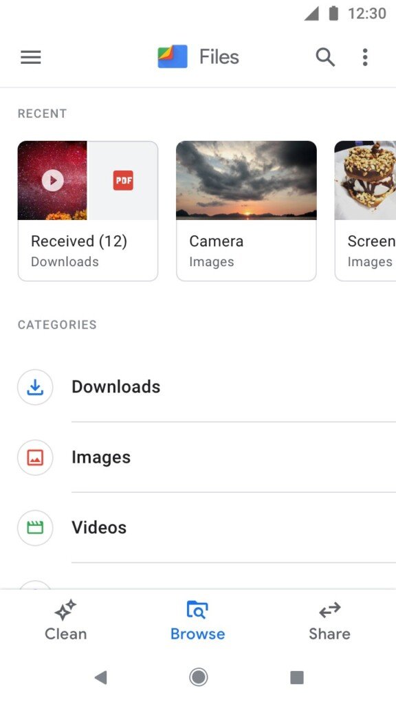 Interfaccia di navigazione per categorie di Files by Google con cartelle Downloads, Immagini e Video.