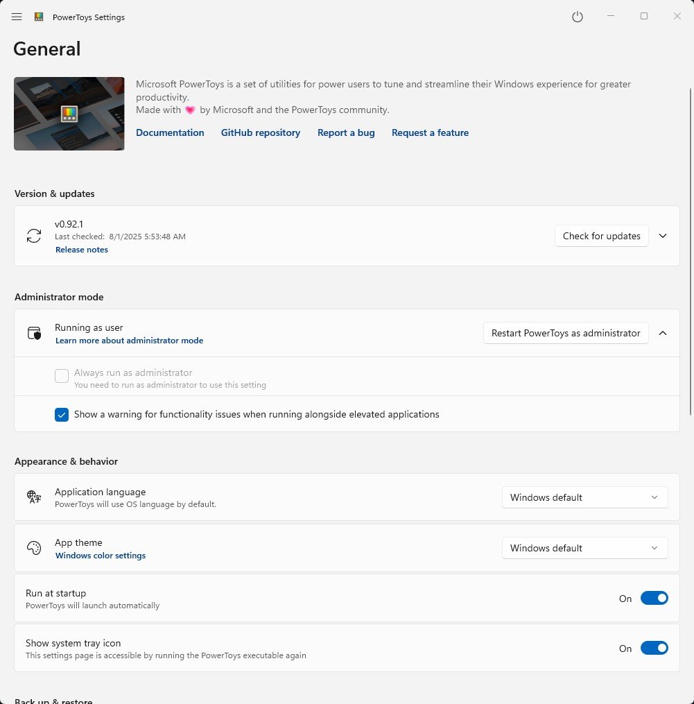 Pannello delle impostazioni generali di PowerToys con la schermata per il controllo degli aggiornamenti.