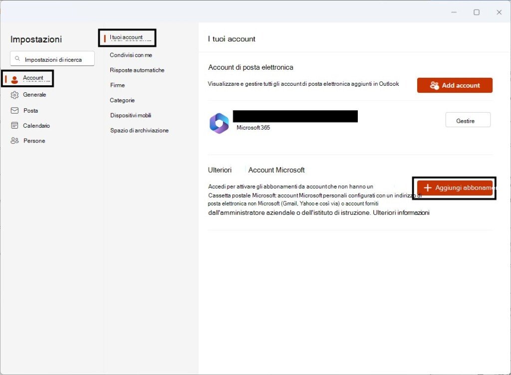 Pannello Impostazioni di Outlook con la sezione Account selezionata e l'opzione Add account in evidenza.