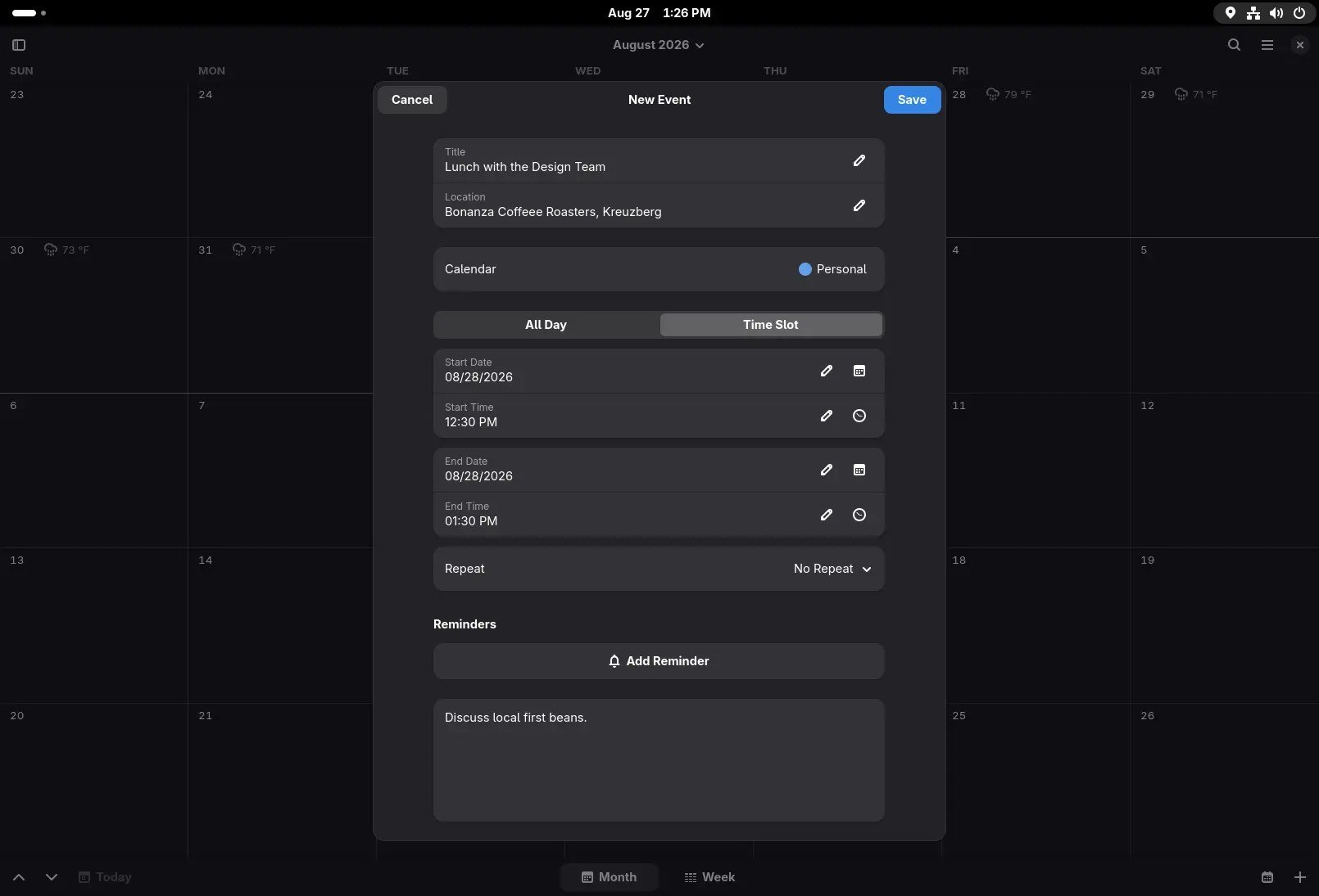 Schermata dell'applicazione Calendario di GNOME in modalità scura