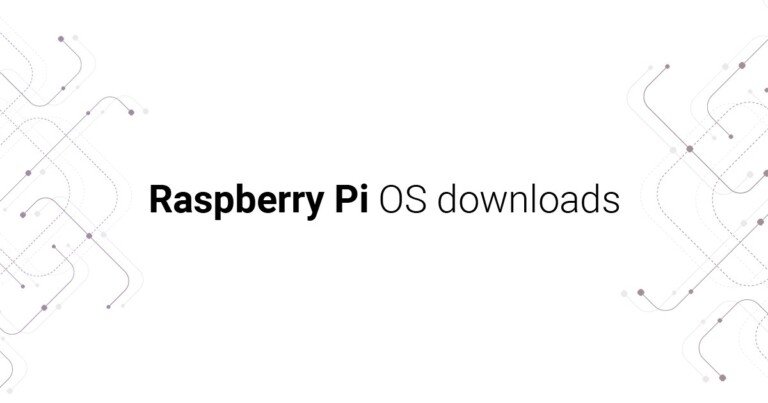 Scritta 'Raspberry Pi OS downloads' su sfondo bianco con motivi geometrici ai lati.