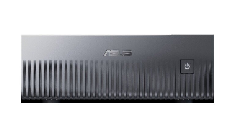 Primo piano frontale del mini PC ASUS Ascent GX10, con chassis grigio metallico a griglia.