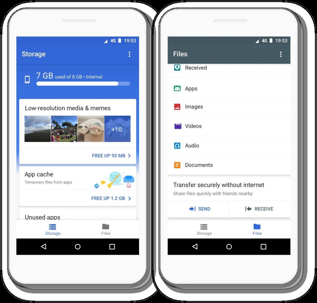 Interfaccia di Files by Google con opzione per liberare spazio eliminando la cache delle applicazioni.