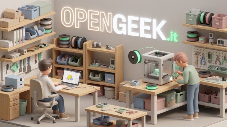 Illustrazione 3D di un laboratorio con persone che usano un PC per gestire una stampante 3D.
